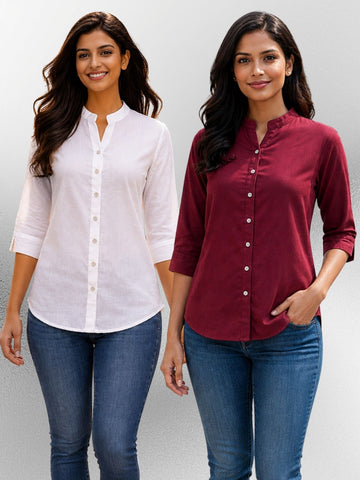 White & Wine Viscose Regular Fit Shirts Combo