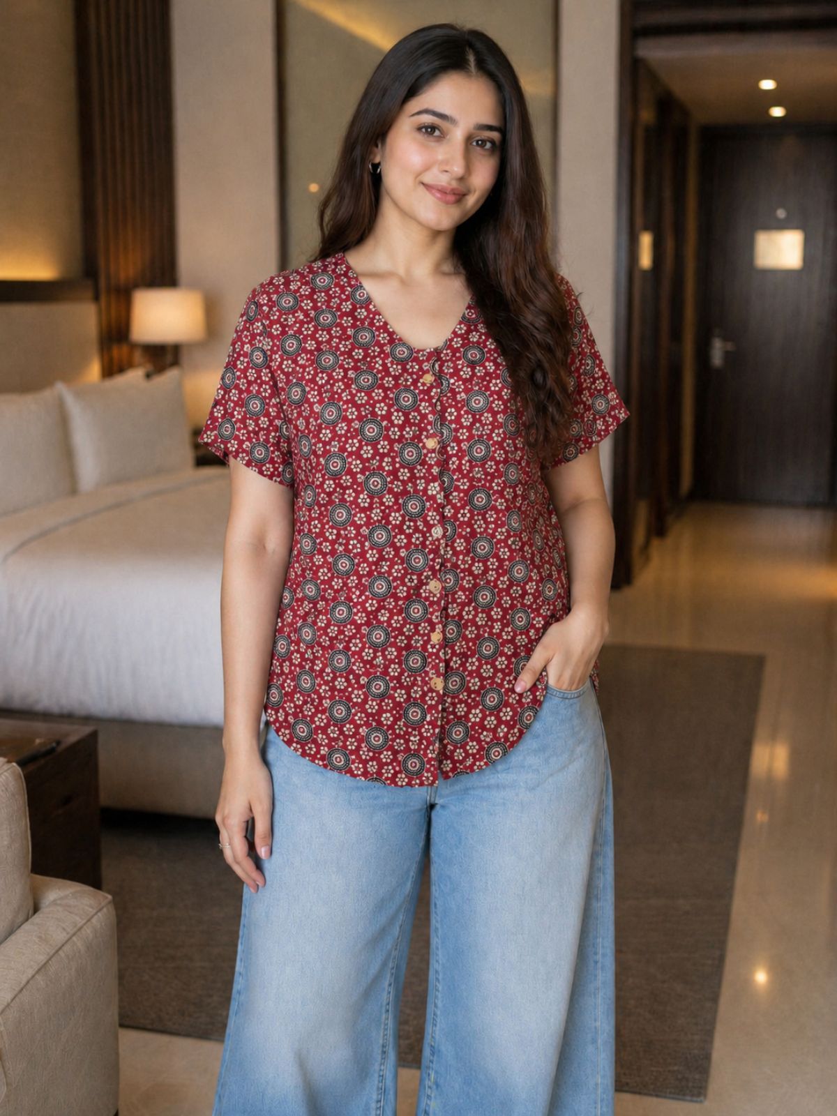Jaipuri Maroon Printed Cotton Top-05