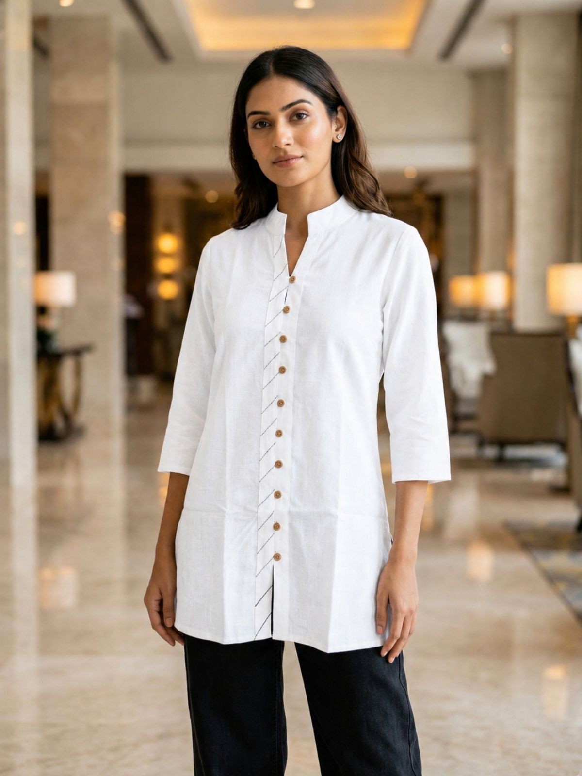 White Handloom Cotton Front-Slit Short Kurti