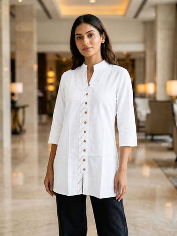 White Handloom Cotton Front-Slit Short Kurti