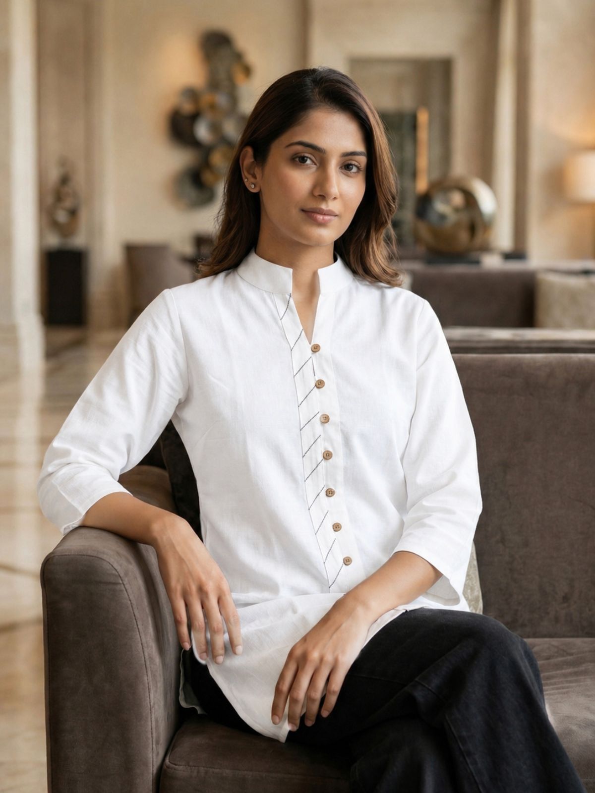 White Handloom Cotton Front-Slit Short Kurti