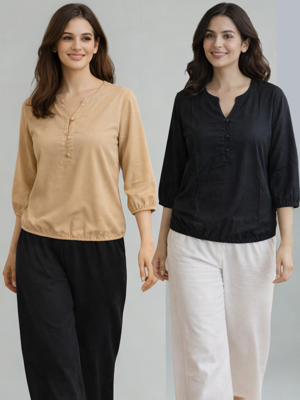 Pack Of 2 Beige and Black Viscose Waist-Fit Tops