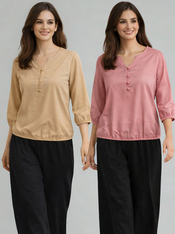 Pack Of 2 Beige and Mauve Pink Viscose Waist-Fit Tops