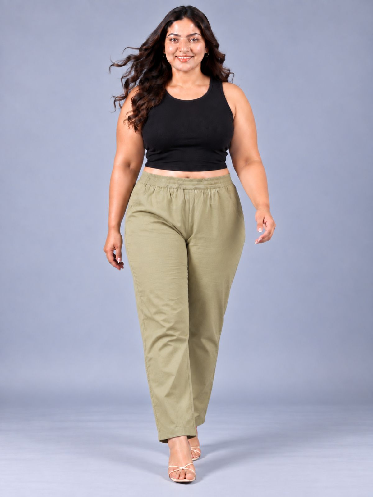 Beige Round Elastic Plus Sizes Cotton Trouser