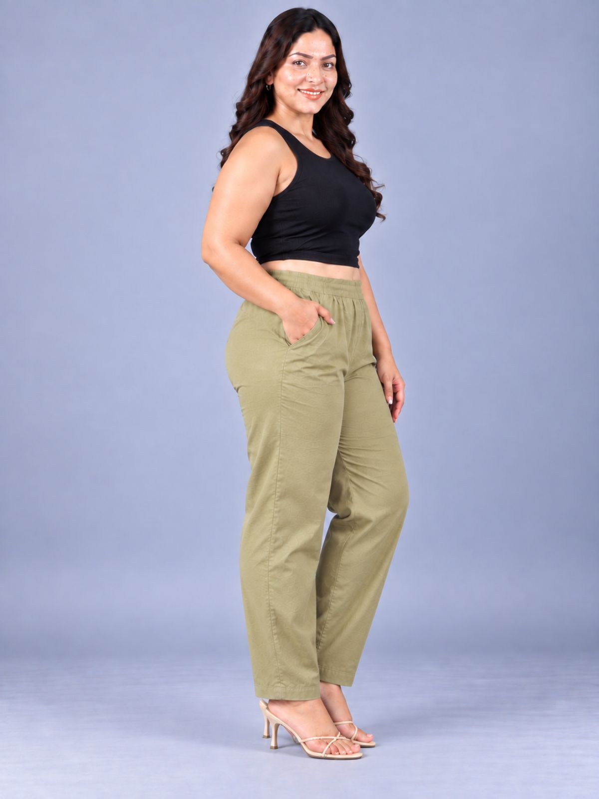 Beige Round Elastic Plus Sizes Cotton Trouser