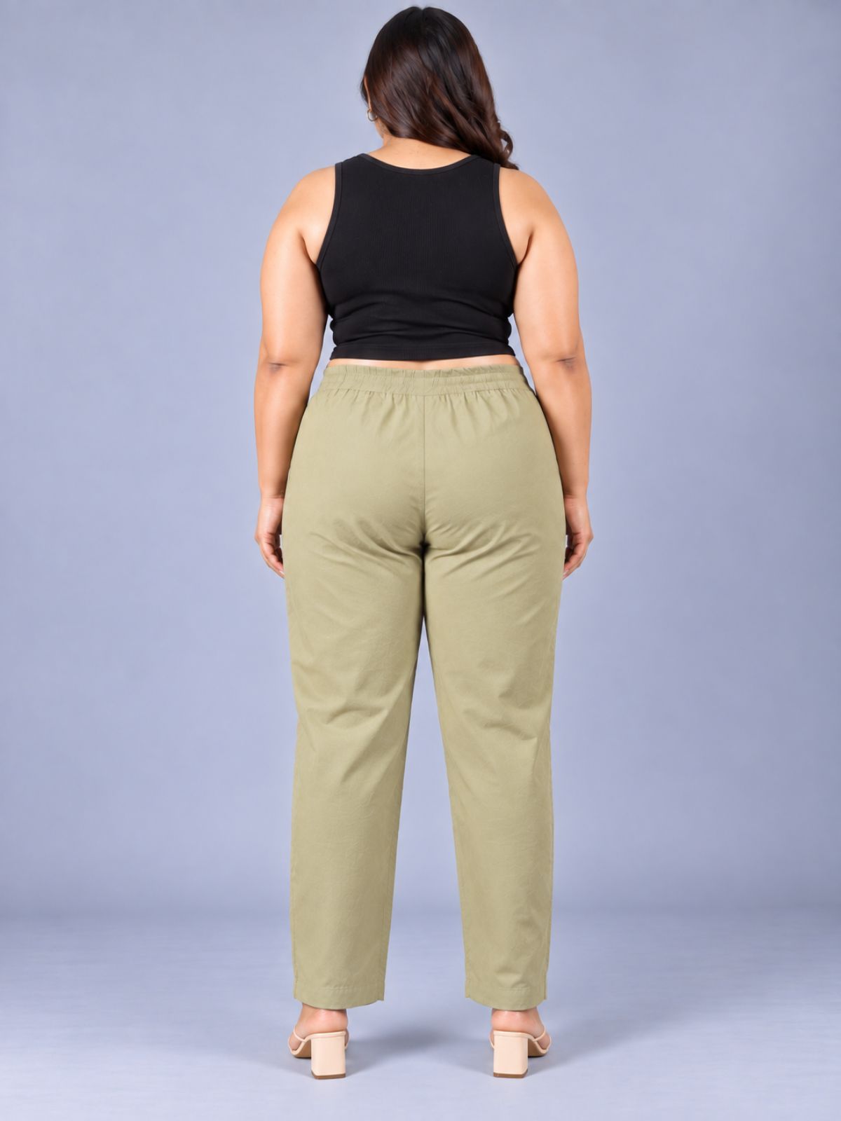 Beige Round Elastic Plus Sizes Cotton Trouser