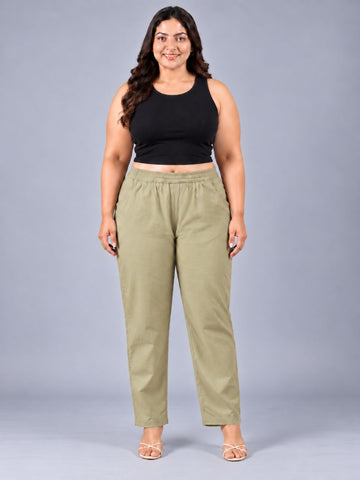 Beige Round Elastic Plus Sizes Cotton Trouser