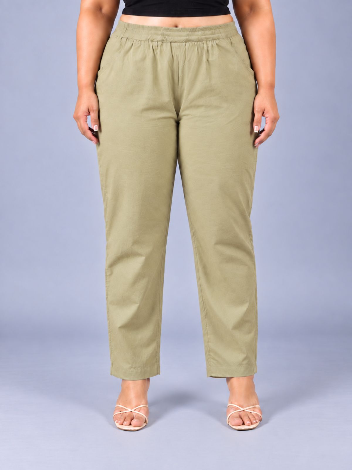 Beige Round Elastic Plus Sizes Cotton Trouser