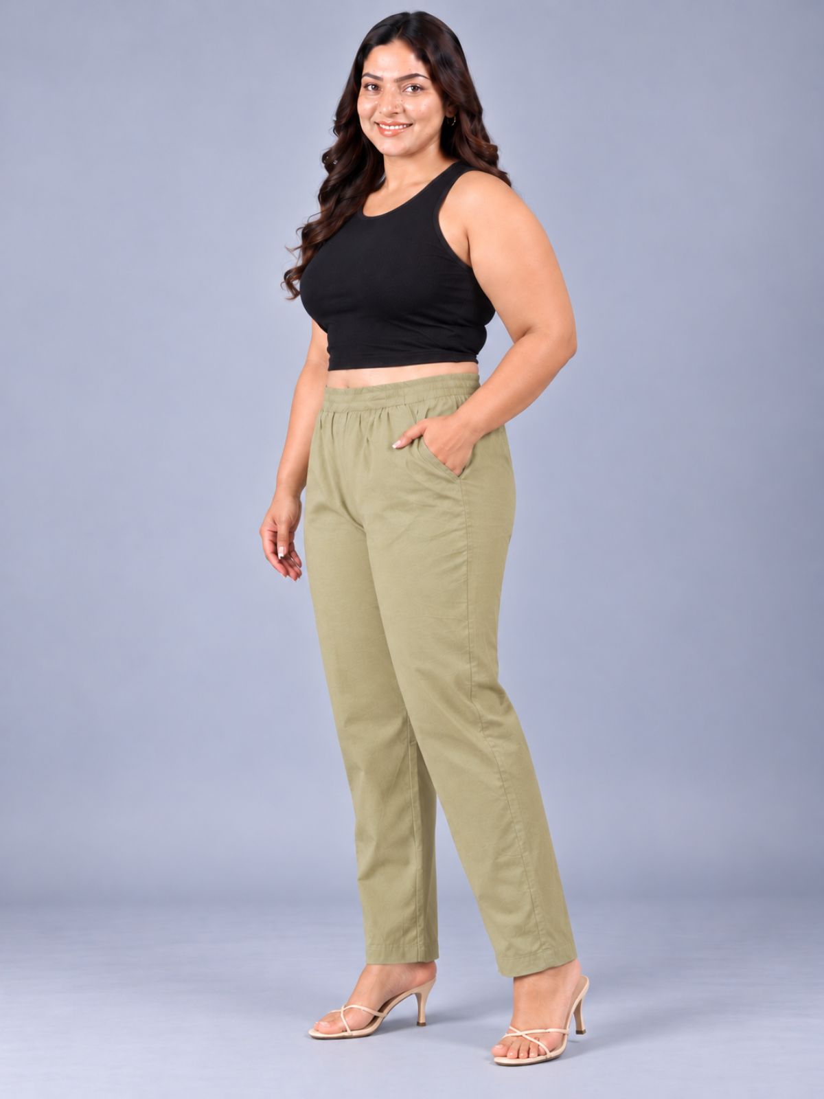 Beige Round Elastic Plus Sizes Cotton Trouser