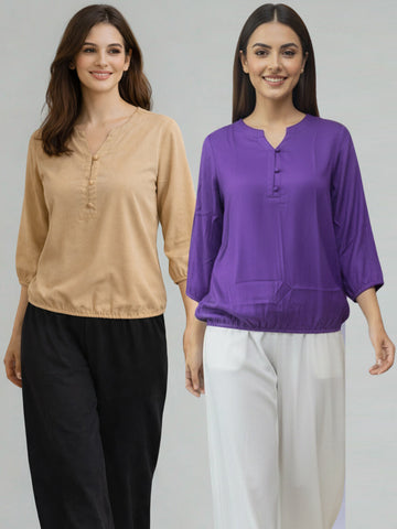 Pack Of 2 Beige and Purple Viscose Waist-Fit Tops