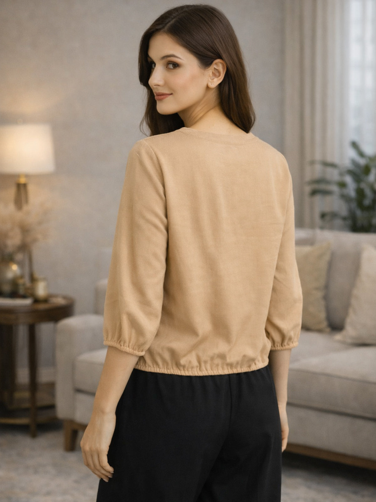 Beige Viscose Elastic Waist Tops