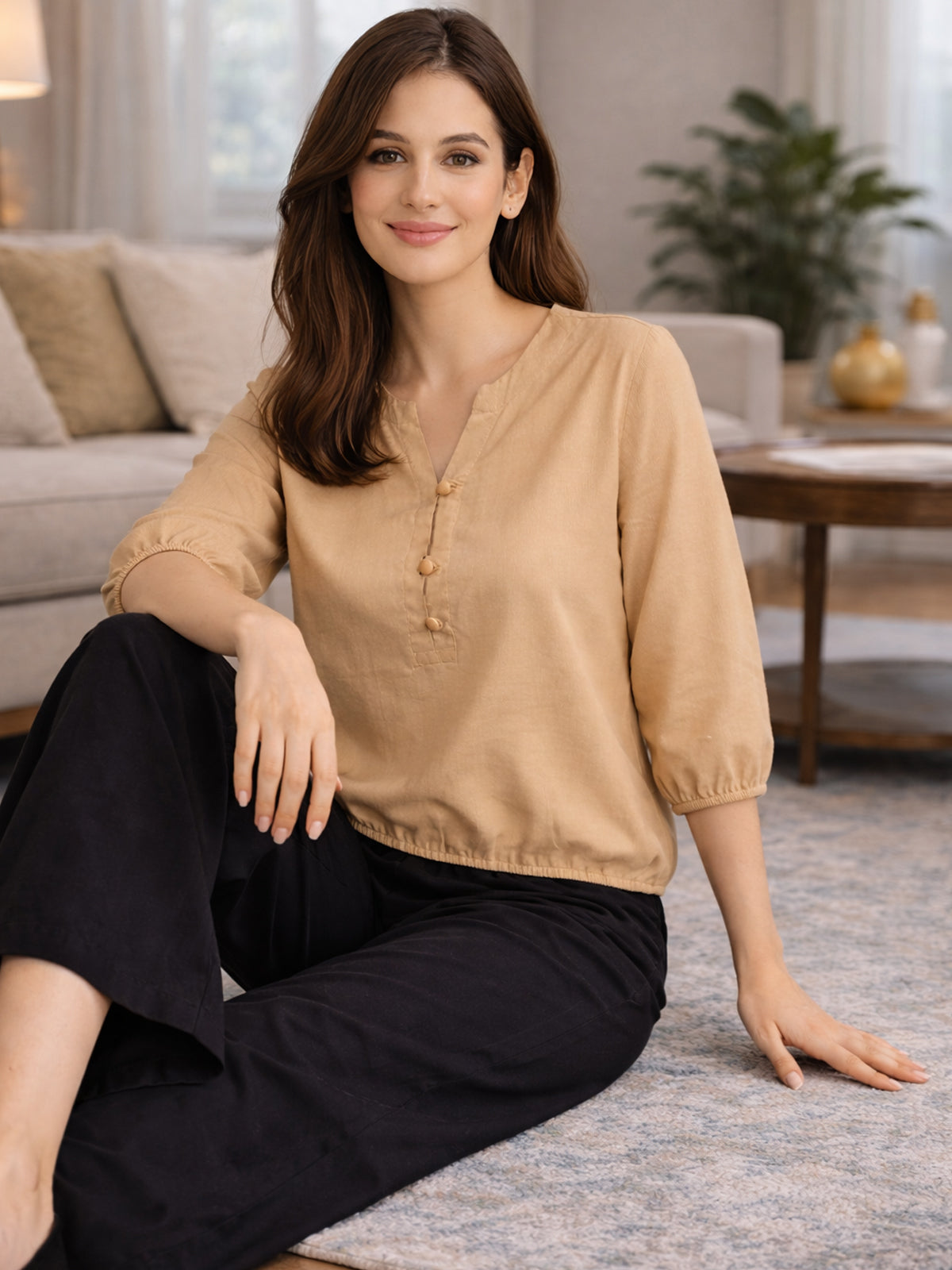 Beige Viscose Elastic Waist Tops