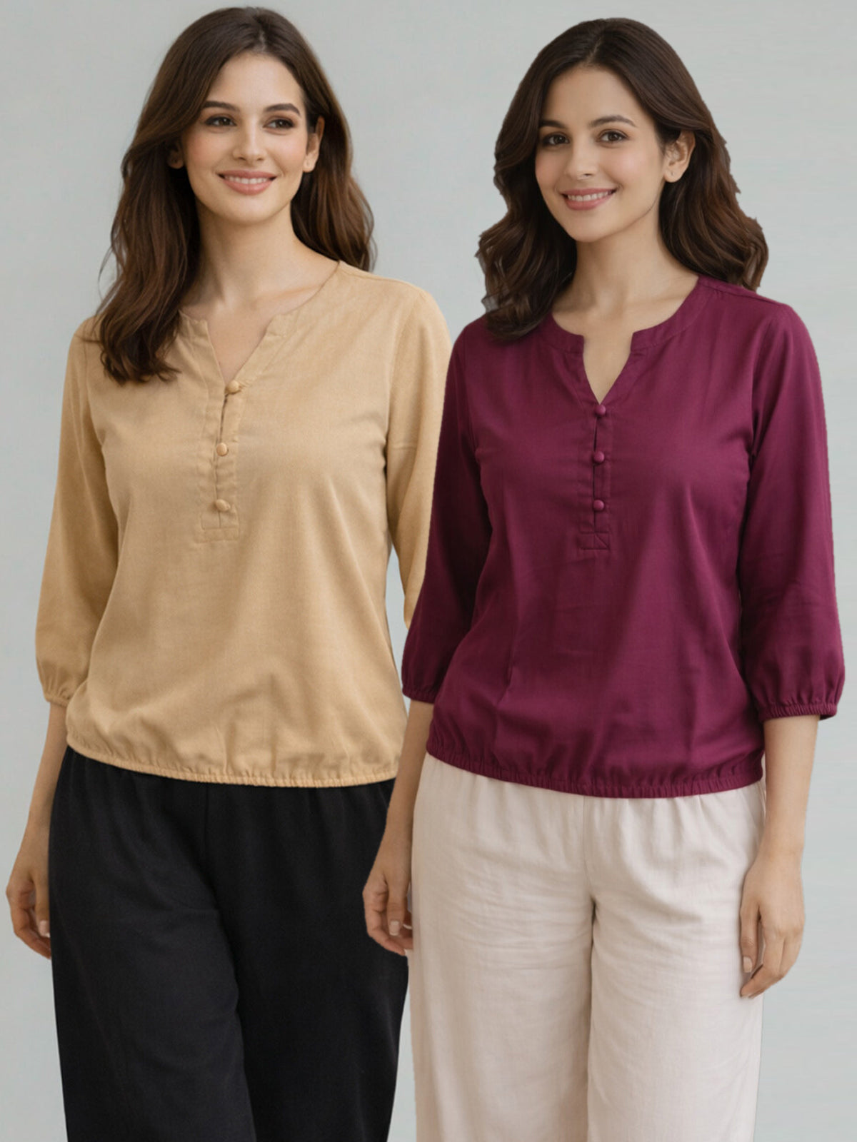 Pack Of 2 Beige and Wine Viscose Waist-Fit Tops