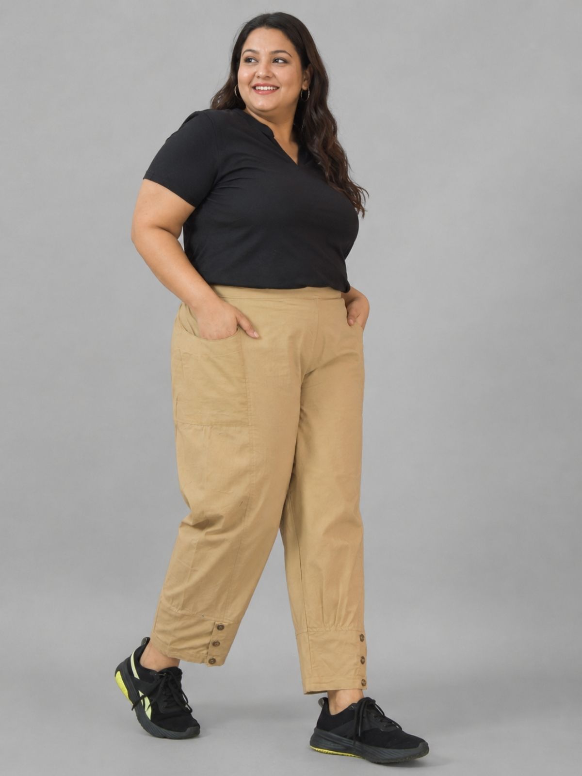 Beige Cotton Straight Cargo Pant