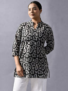 Black Cotton Block Print Short Kurti