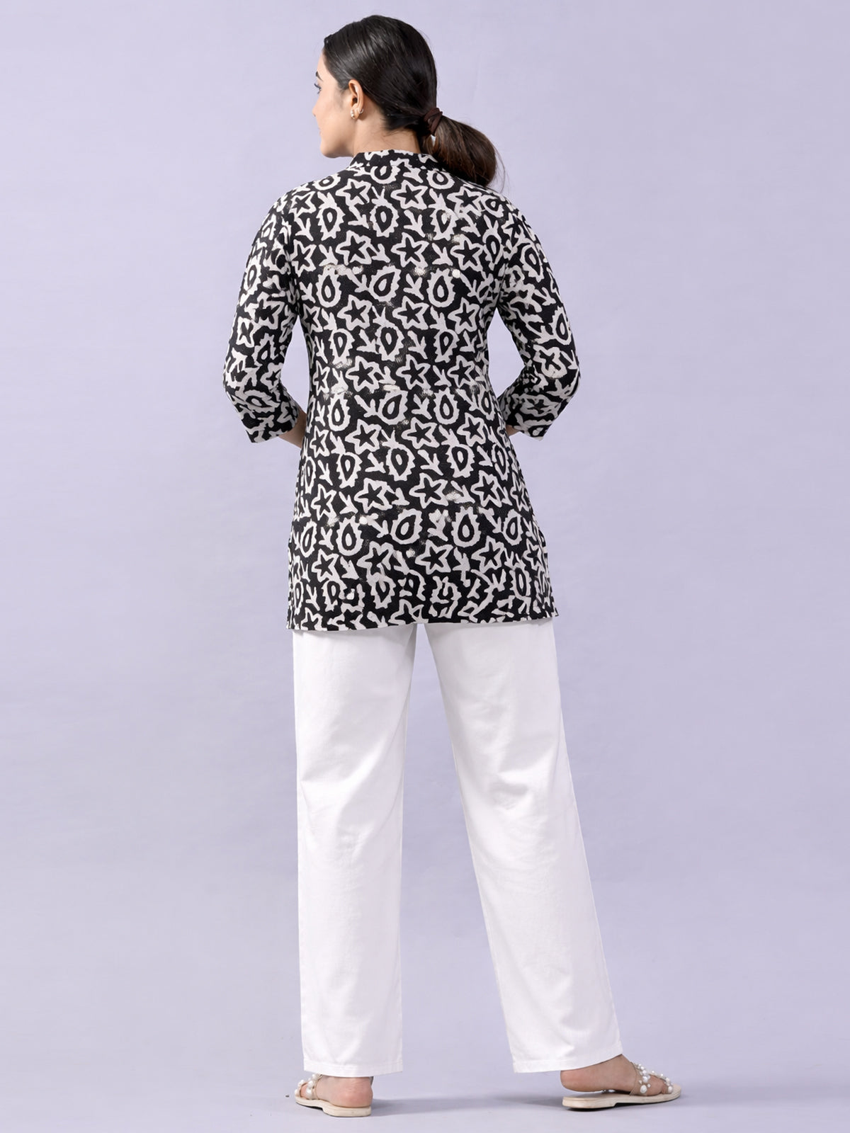 Black Cotton Block Print Short Kurti