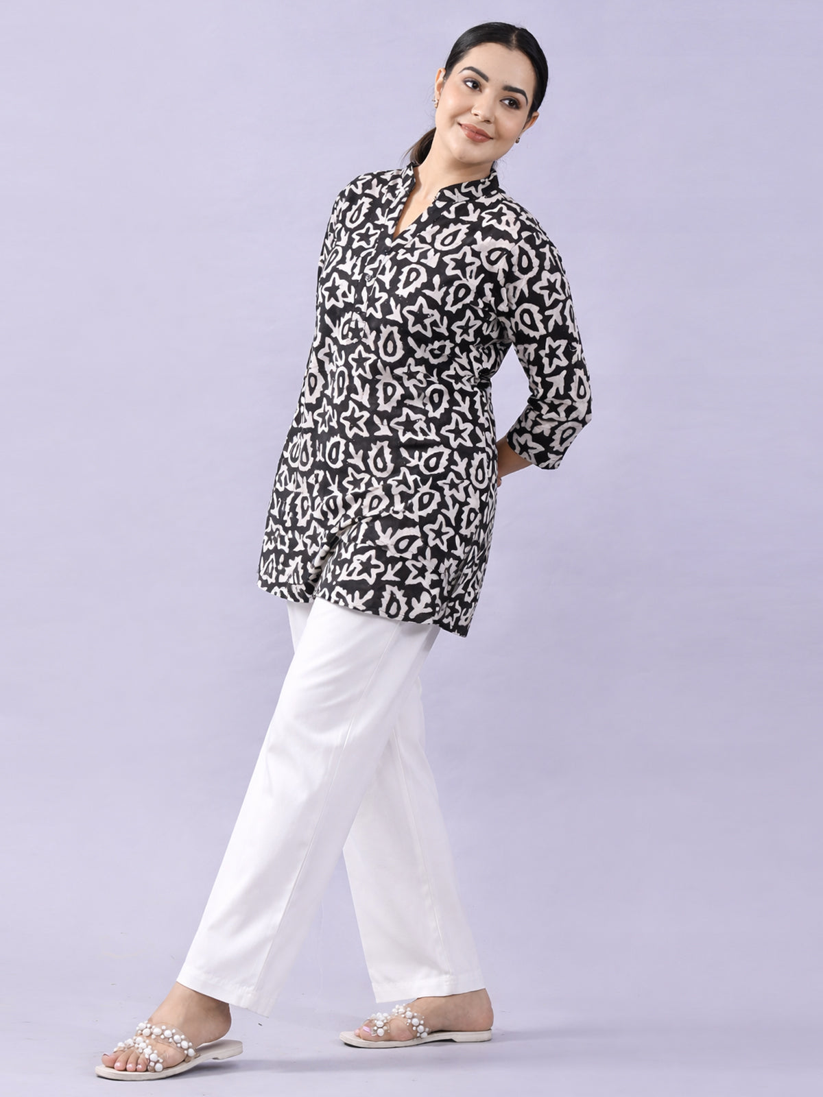 Black Cotton Block Print Short Kurti