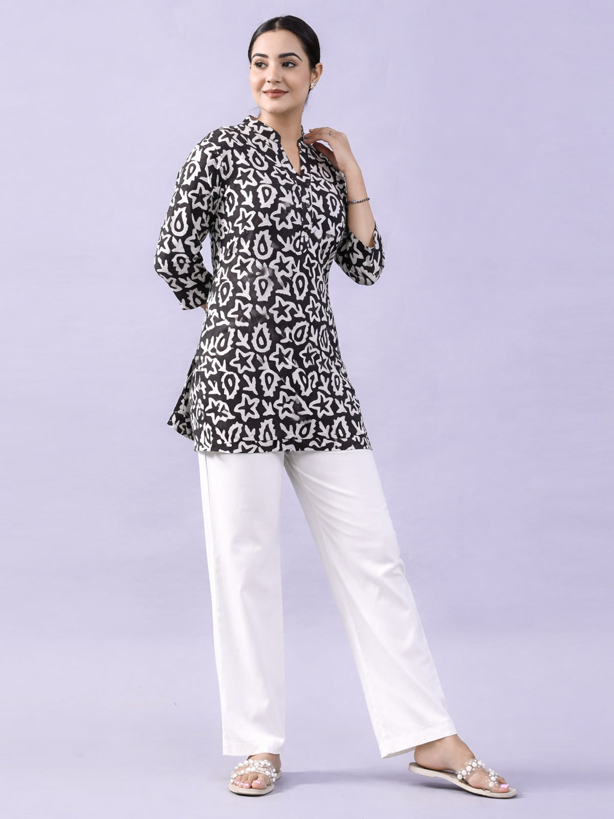 Black Cotton Block Print Short Kurti