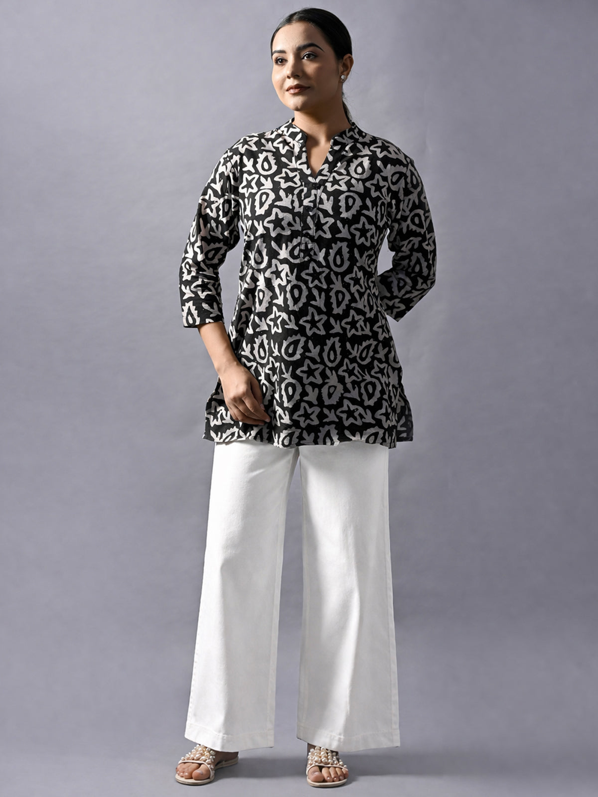 Black Cotton Block Print Short Kurti