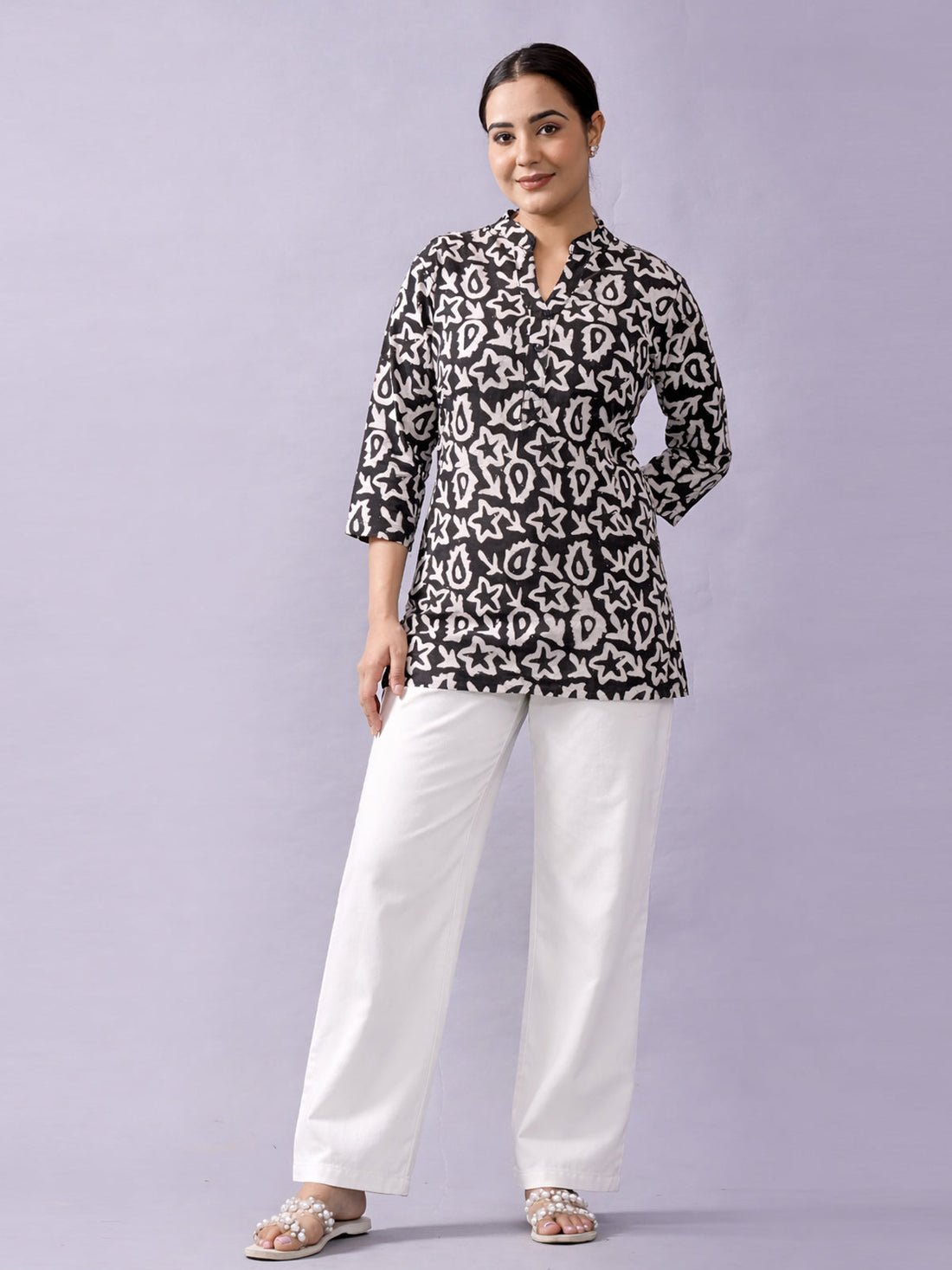 Black Cotton Block Print Short Kurti