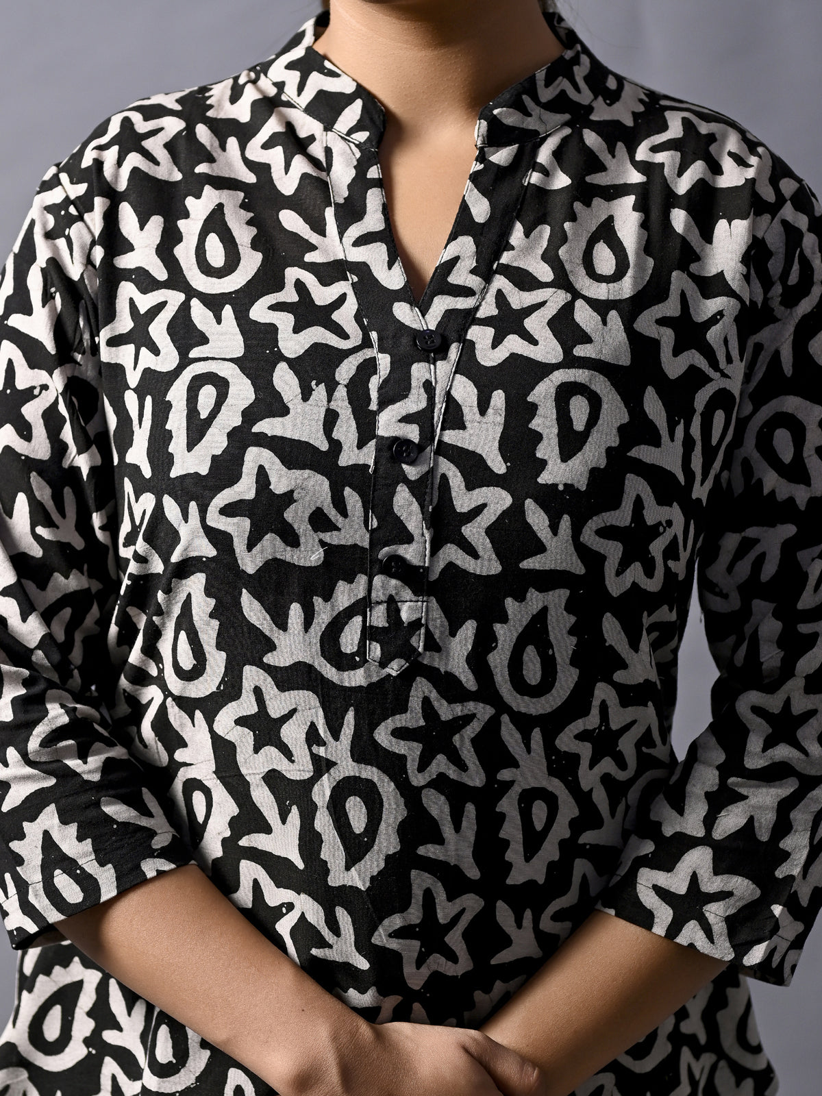 Black Cotton Block Print Short Kurti