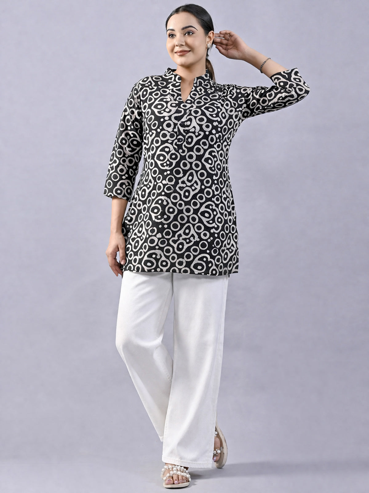 Black Cotton Block Print Short Kurti