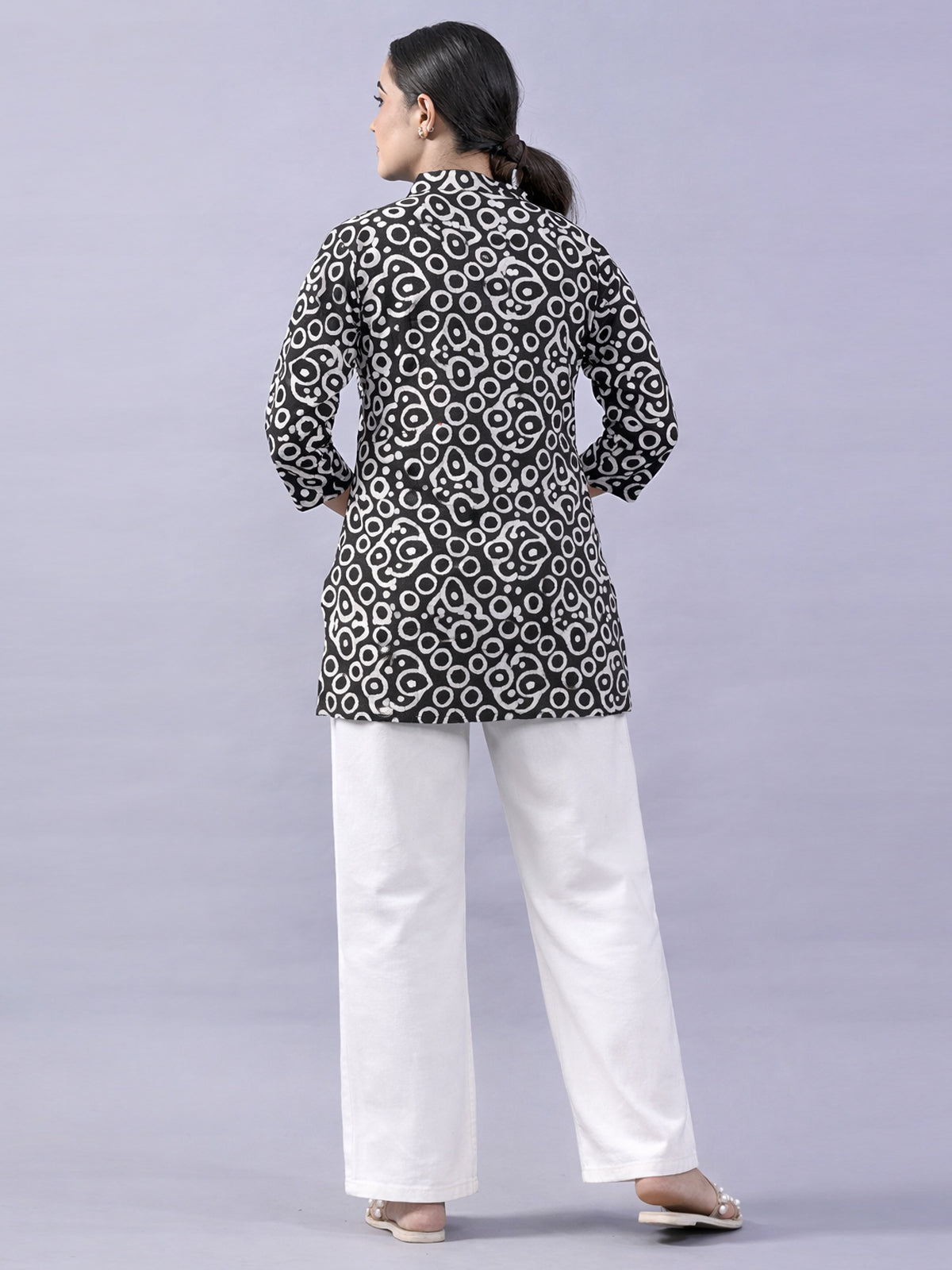Black Cotton Block Print Short Kurti