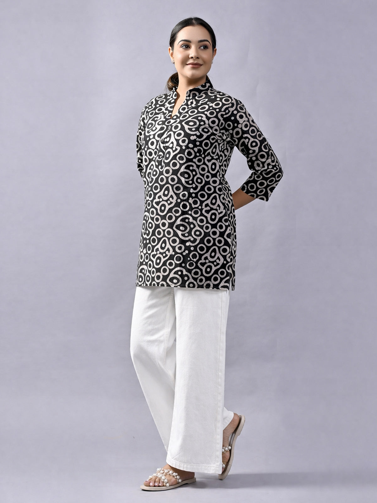 Black Cotton Block Print Short Kurti