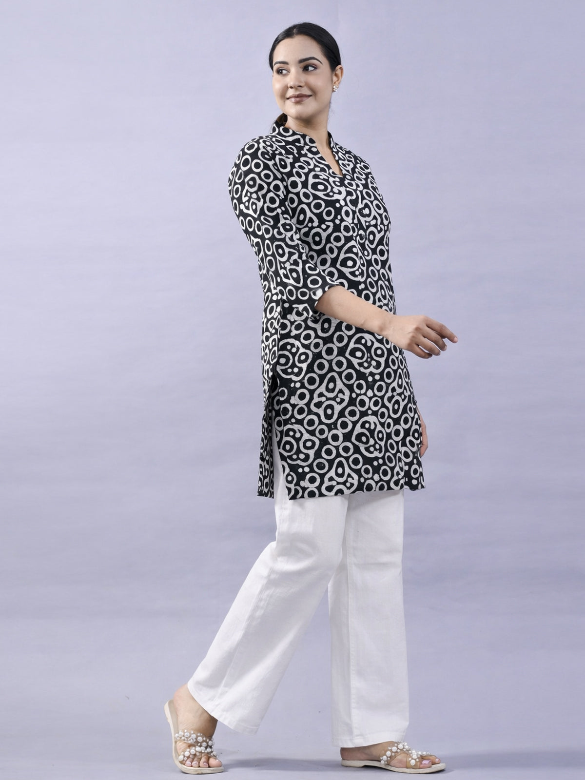 Black Cotton Block Print Short Kurti