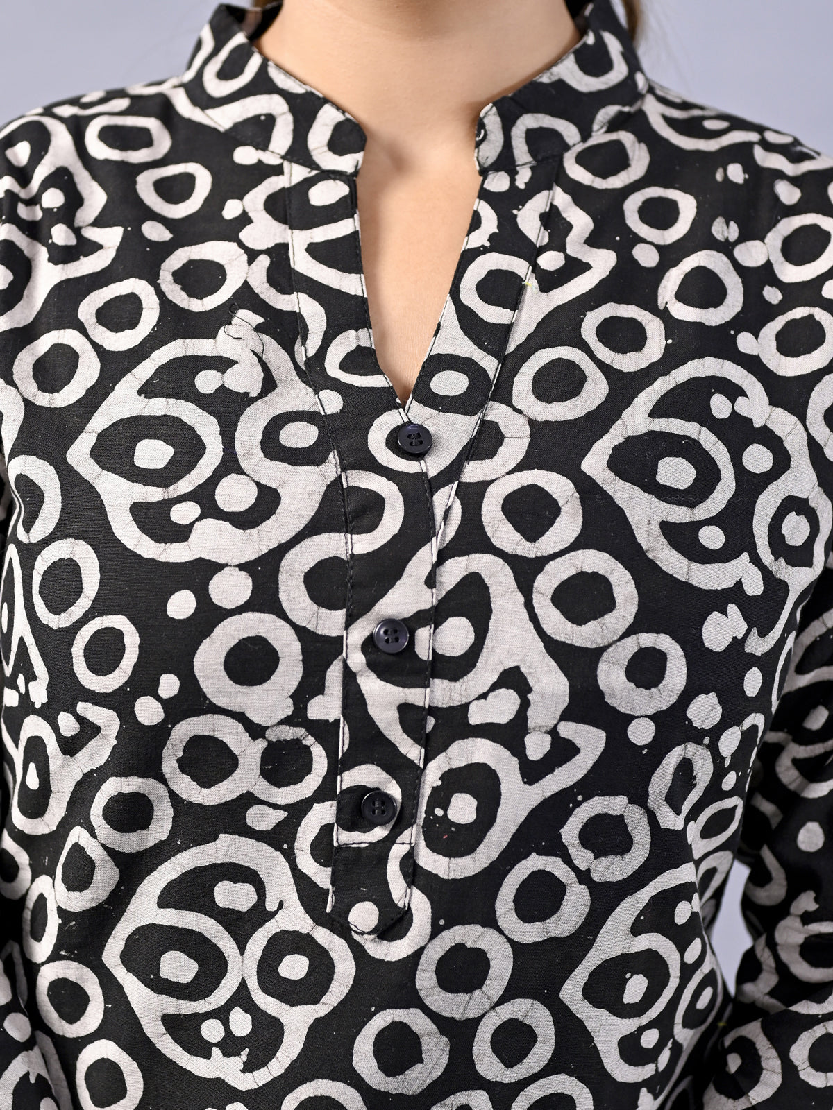 Black Cotton Block Print Short Kurti