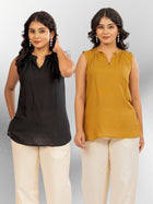 Black & Camel  Viscose Gathered Neckline Tops Combo