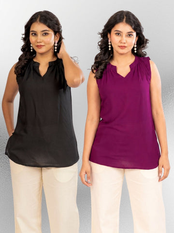 Black & Magenta  Viscose Gathered Neckline Tops Combo