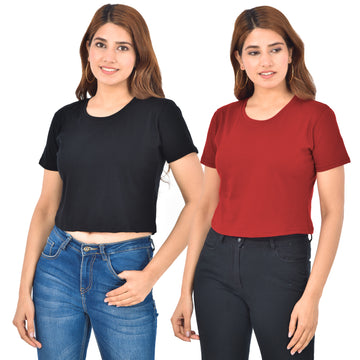Black & Maroon Cotton Hosiery Crop Top Combo
