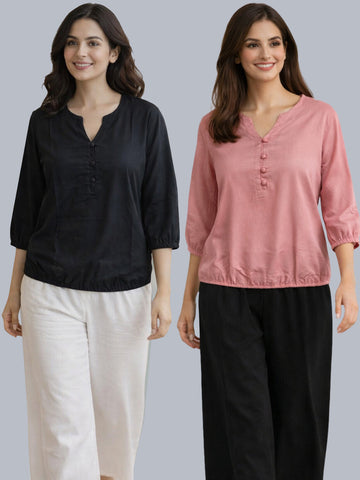 Pack Of 2 Black and Mauve Pink Viscose Waist-Fit Tops