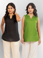 Black & Mehndi  Viscose Gathered Neckline Tops Combo