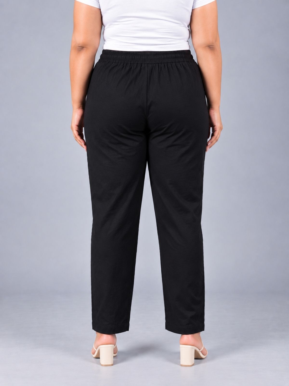 Black Regular Fit Elastic Plus Sizes Cotton Trouser
