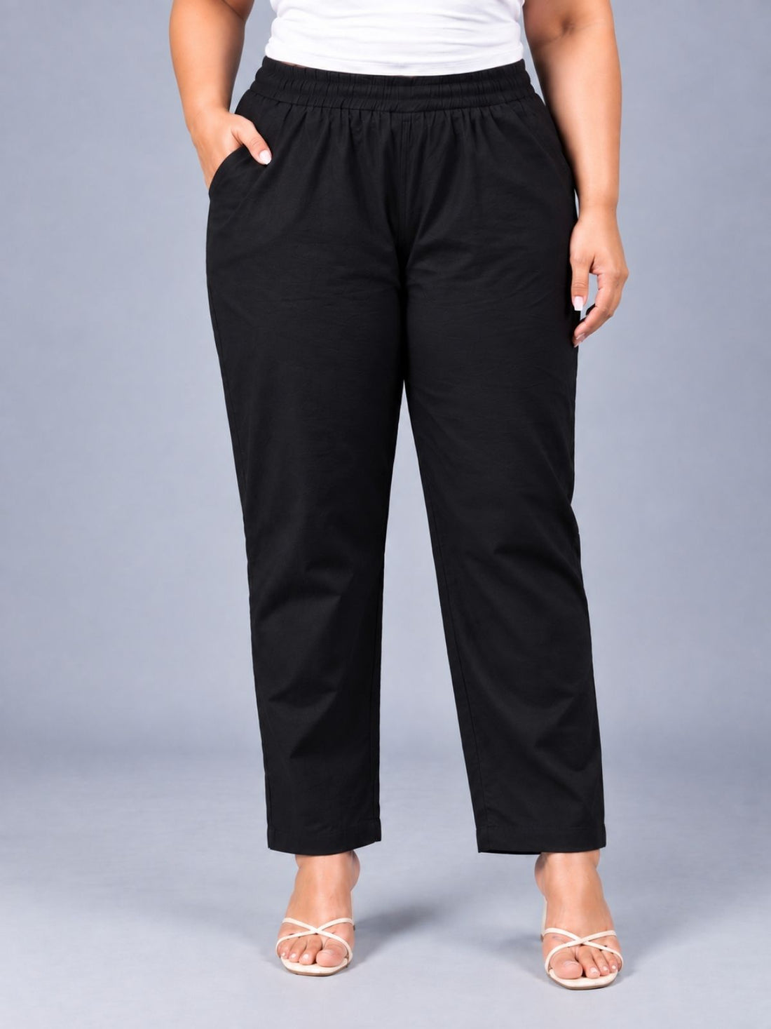 Black Regular Fit Elastic Plus Sizes Cotton Trouser