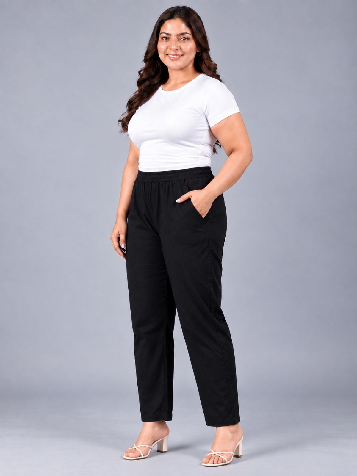 Black Regular Fit Elastic Plus Sizes Cotton Trouser