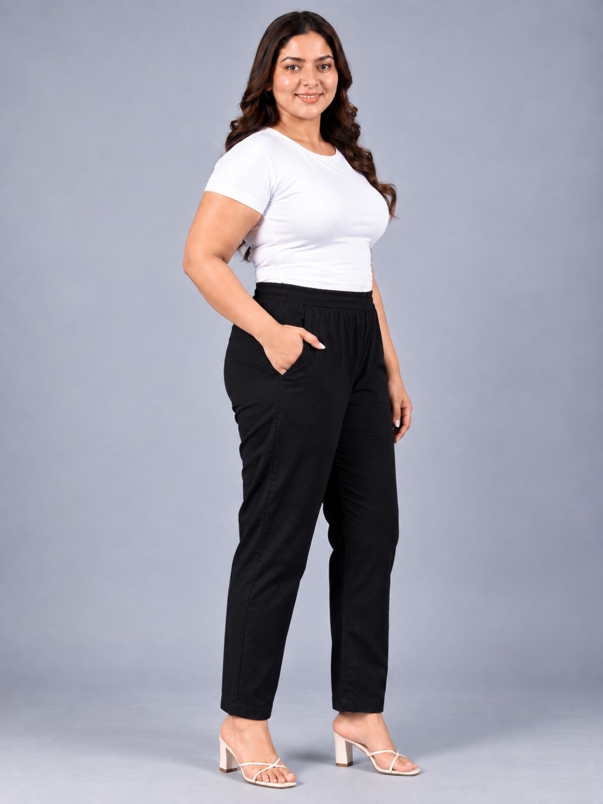 Black Regular Fit Elastic Plus Sizes Cotton Trouser