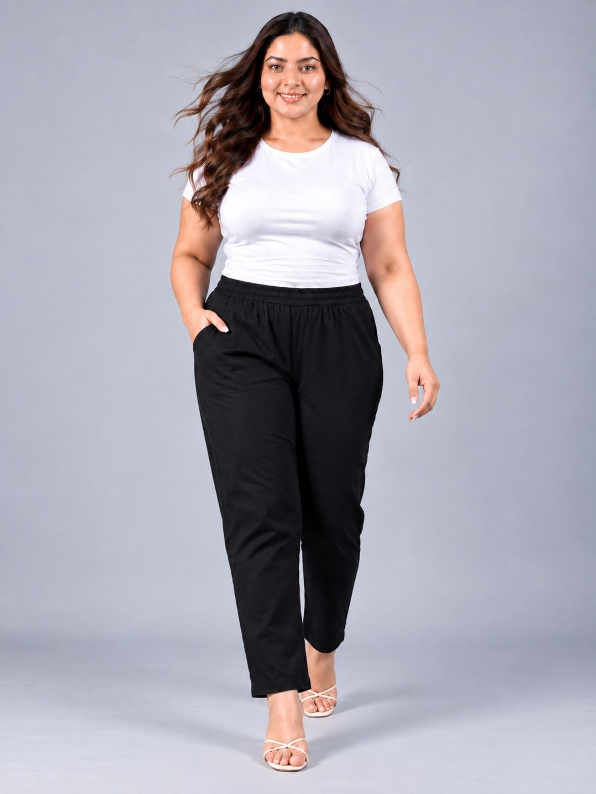 Black Regular Fit Elastic Plus Sizes Cotton Trouser