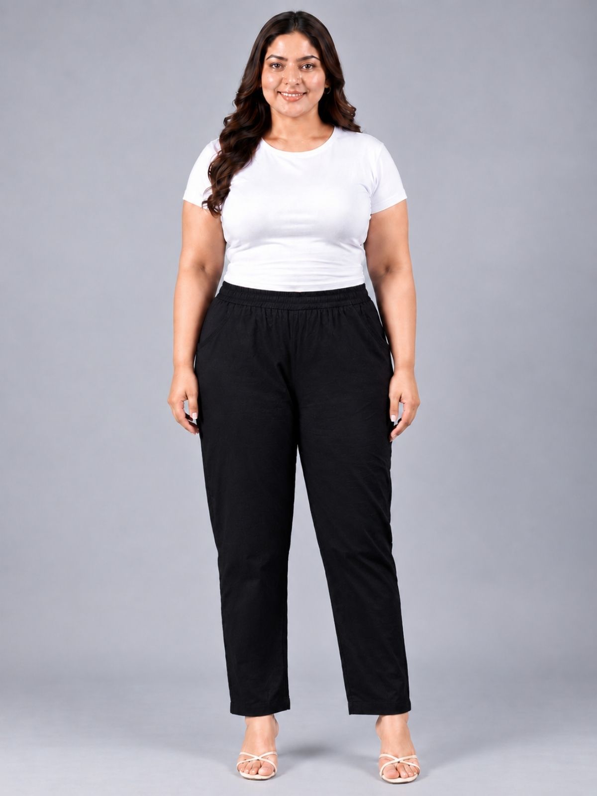 Black Regular Fit Elastic Plus Sizes Cotton Trouser
