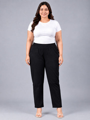 Black Regular Fit Elastic Plus Sizes Cotton Trouser