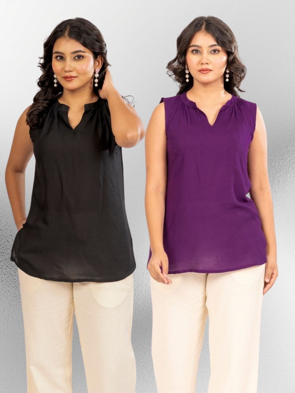 Black & Purple Viscose Gathered Neckline Tops Combo