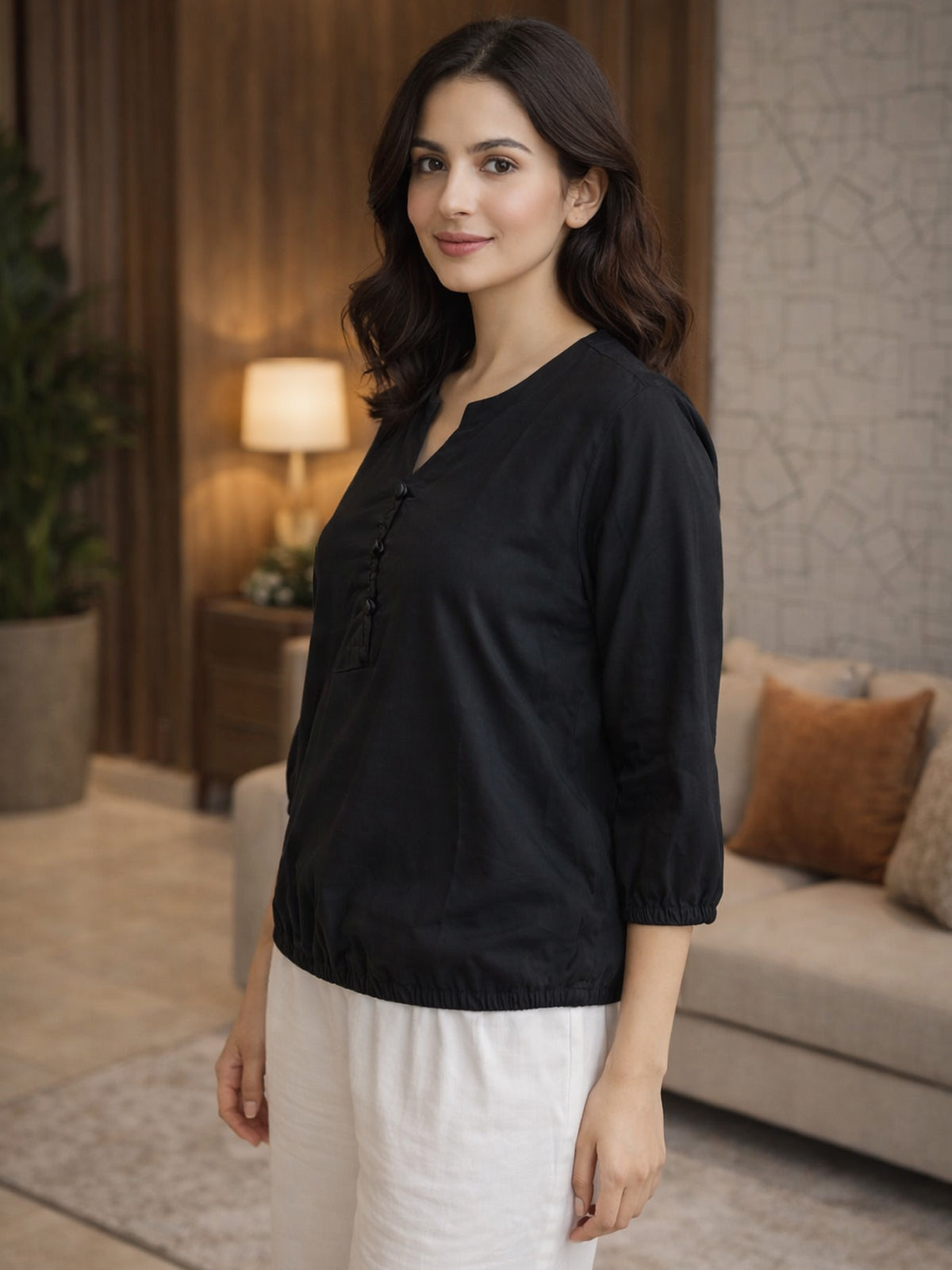 Pack Of 2 Black and Cream Viscose Waist-Fit Tops
