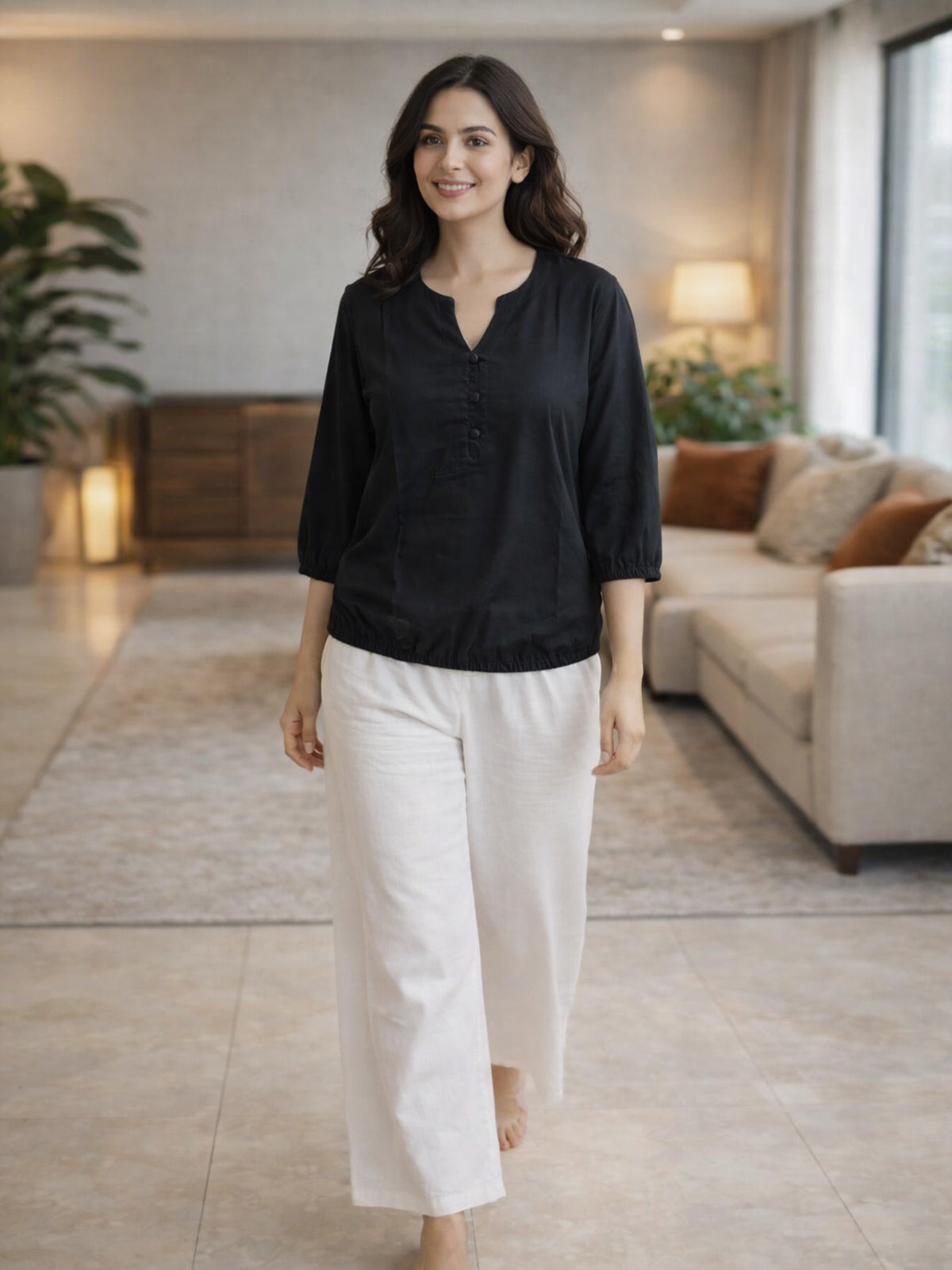 Pack Of 2 Black and Cream Viscose Waist-Fit Tops
