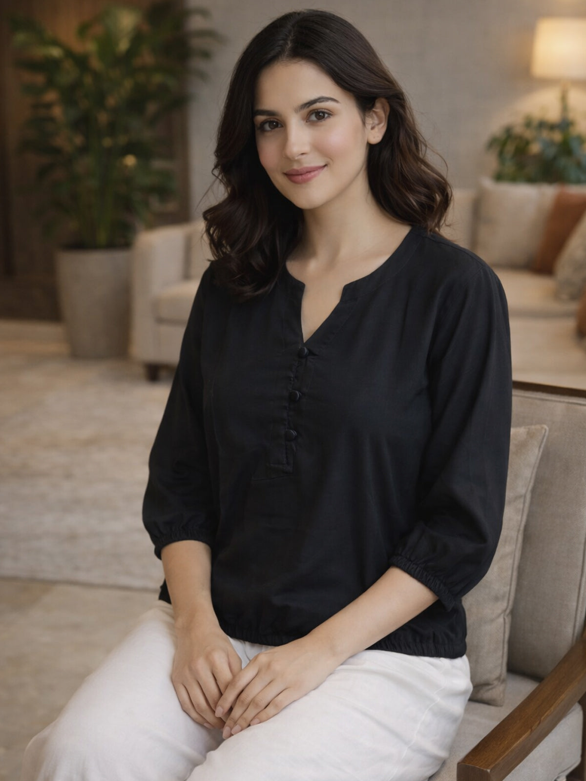 Black Viscose Elastic Waist Tops