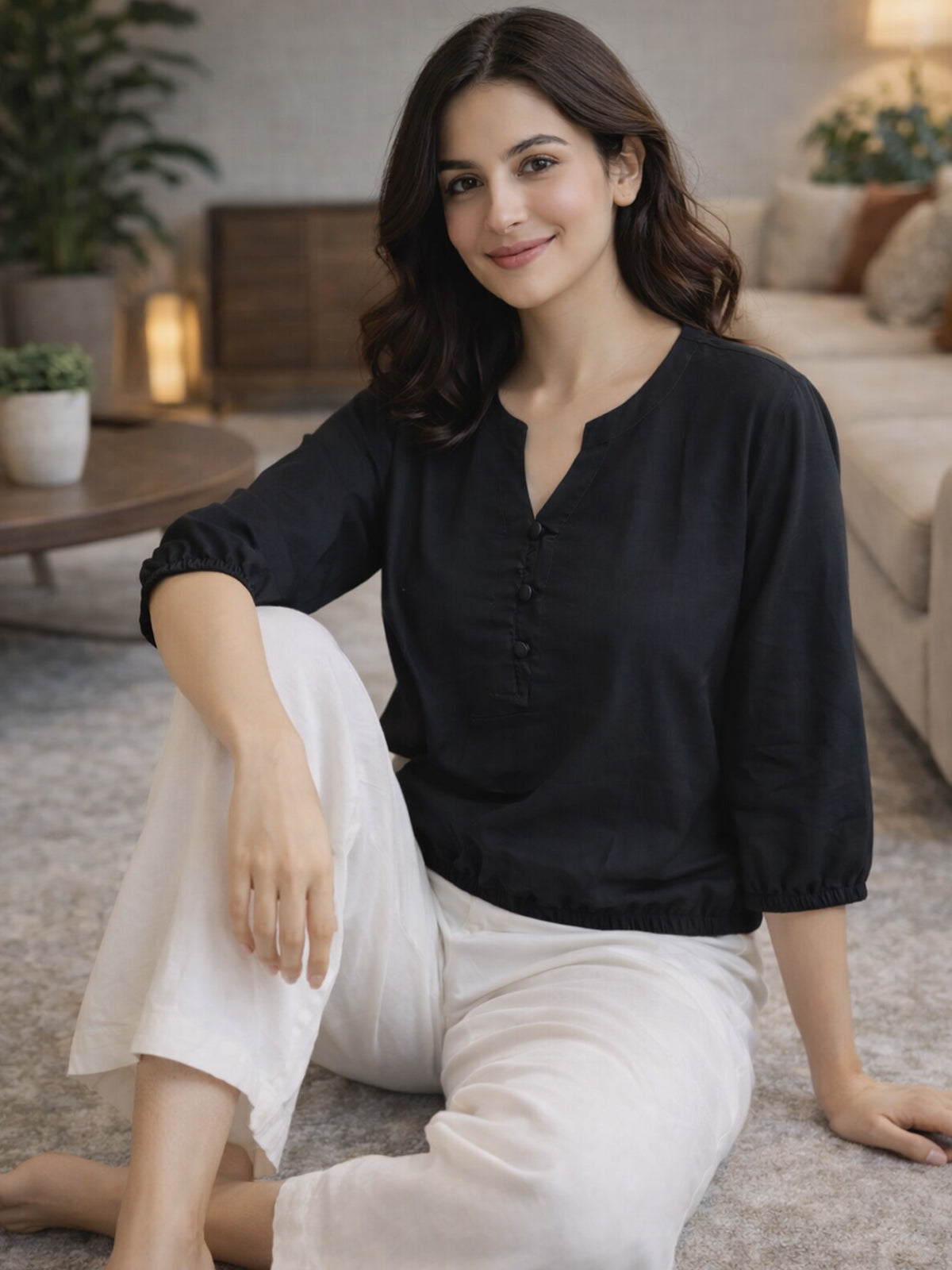Black Viscose Elastic Waist Tops