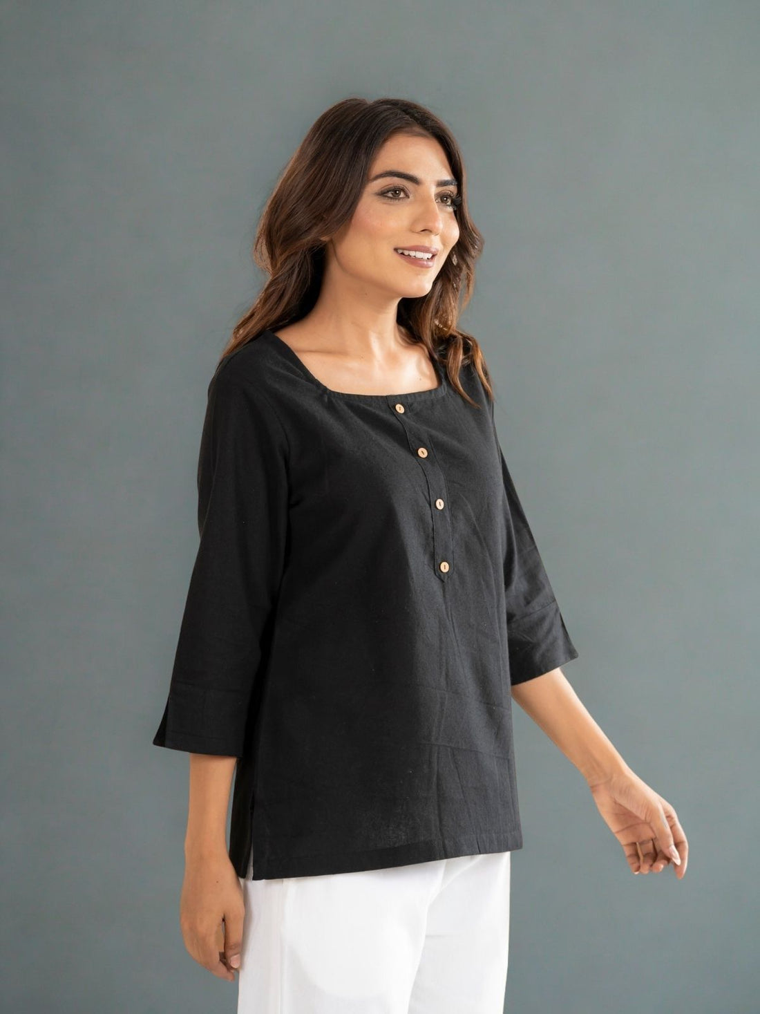 Black & Light Blue Everyday Cotton Square Neck Top