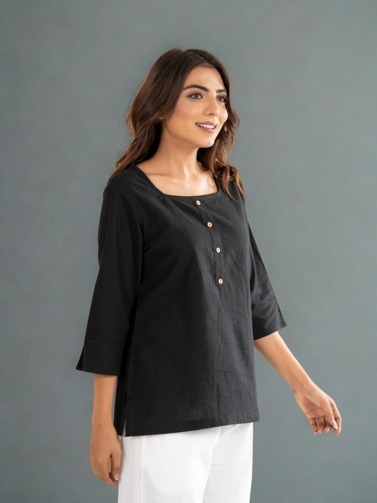Black & Light Blue Everyday Cotton Square Neck Top