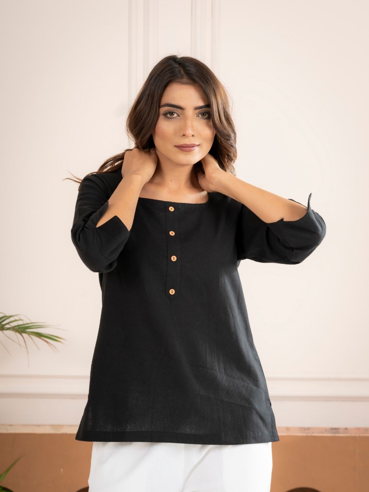 Black Everyday Cotton Square Neck Top